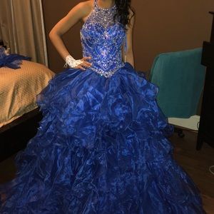 Blue Bejeweled Prom Quinceanera Dress